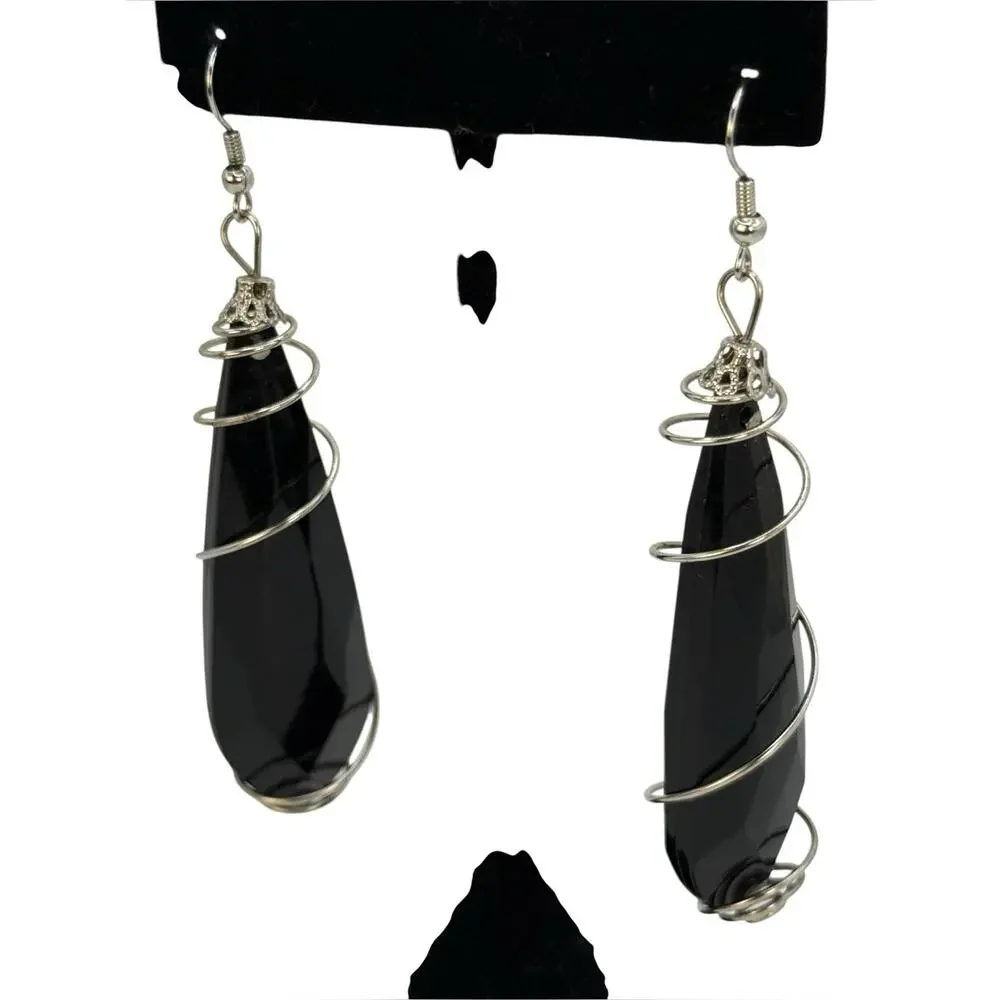 Black Teardrop Spiral Wire Earrings